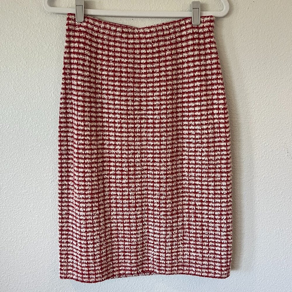 St. John Red White Stretch Tweed Pencil Skirt